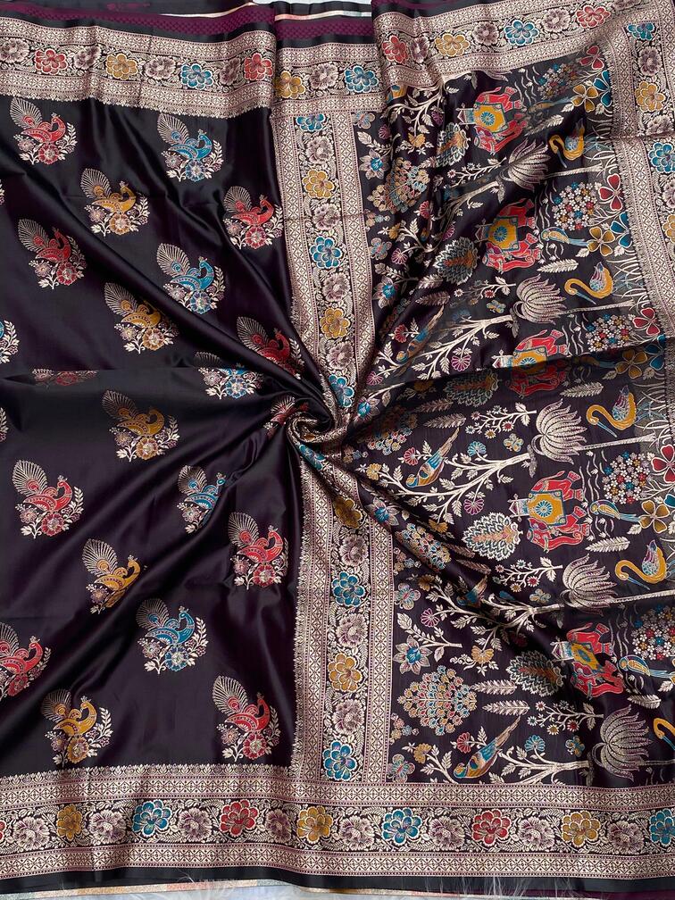 Premium Mushro Satin Saree with Peacock Motif Weaving