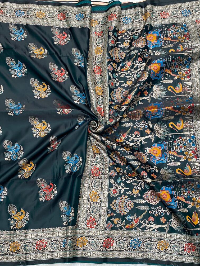 Premium Mushro Satin Saree with Peacock Motif Weaving