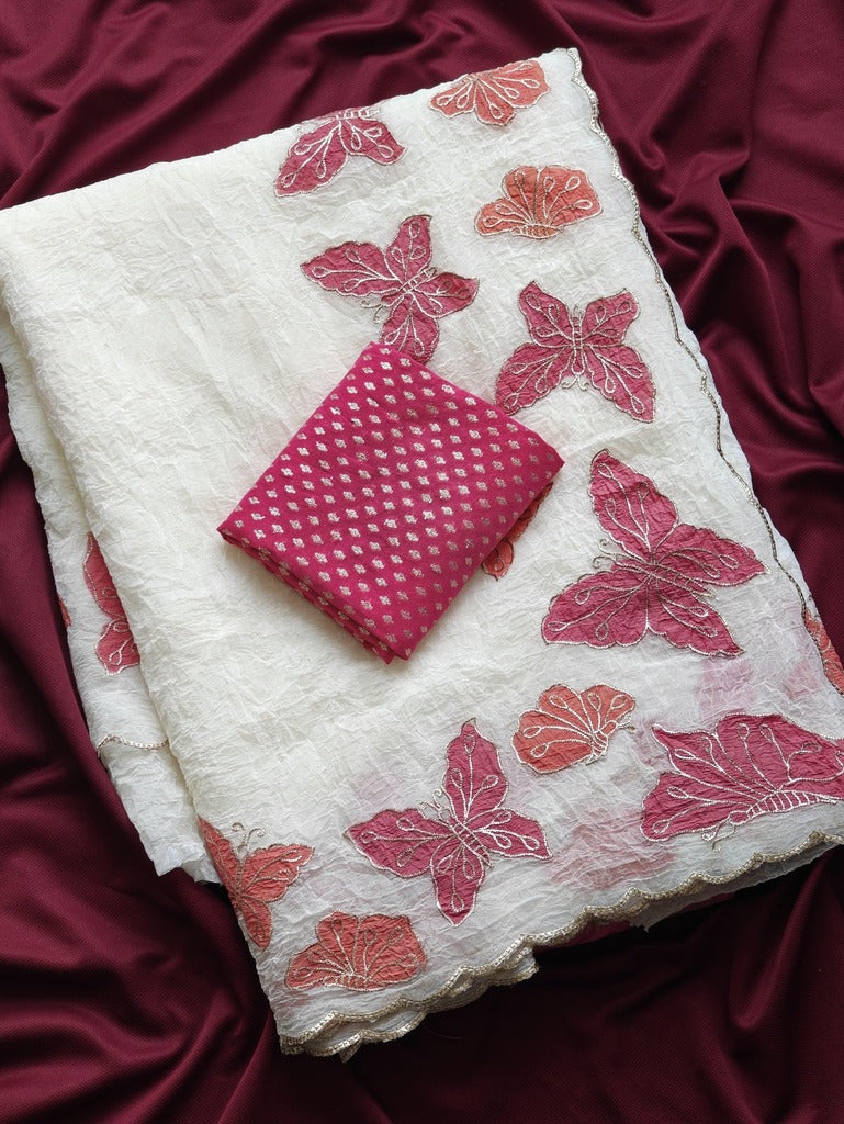 Pure Crush Chiffon Saree With Applique Embroidery