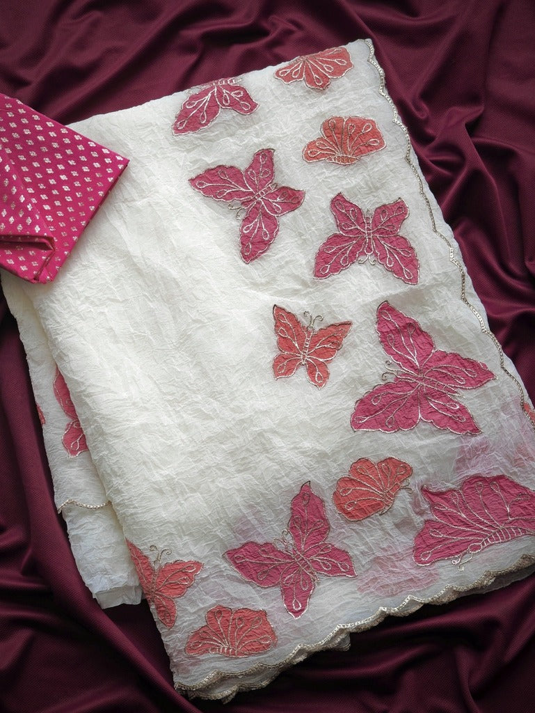 Pure Crush Chiffon Saree With Applique Embroidery