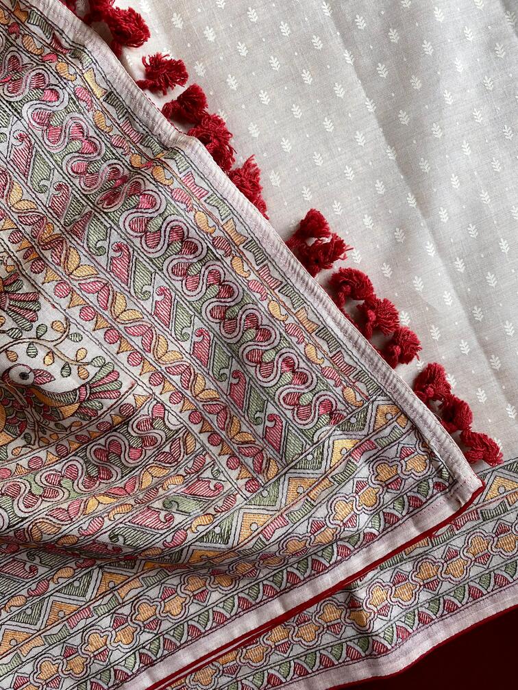 Premium Tussar Silk Saree With Traditional Madhubani Embroidered Pallu