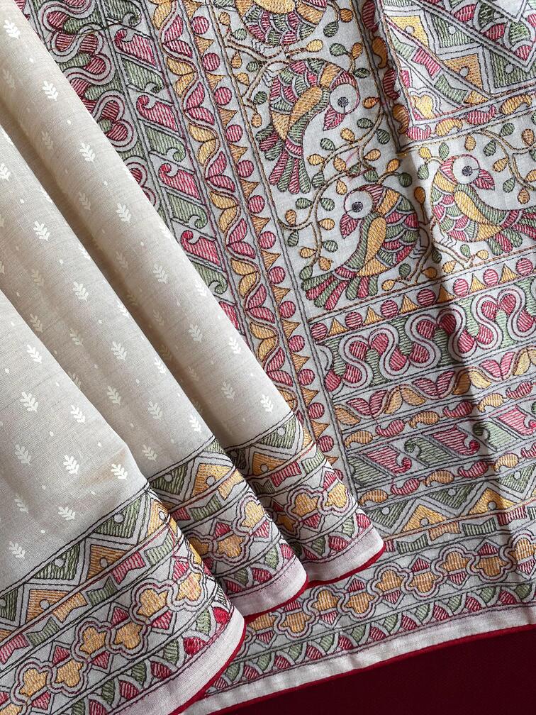 Premium Tussar Silk Saree With Traditional Madhubani Embroidered Pallu