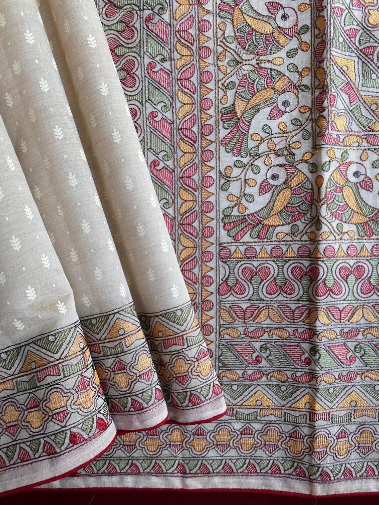 Premium Tussar Silk Saree With Traditional Madhubani Embroidered Pallu