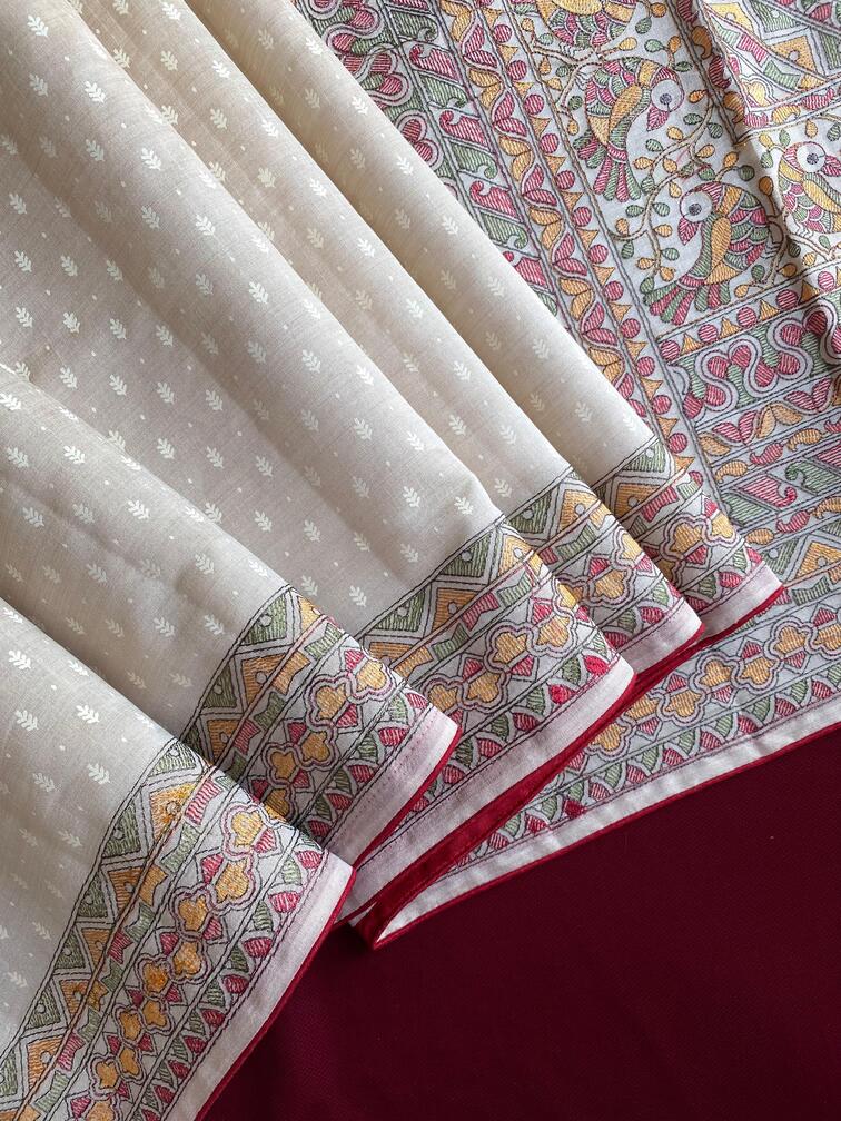 Premium Tussar Silk Saree With Traditional Madhubani Embroidered Pallu
