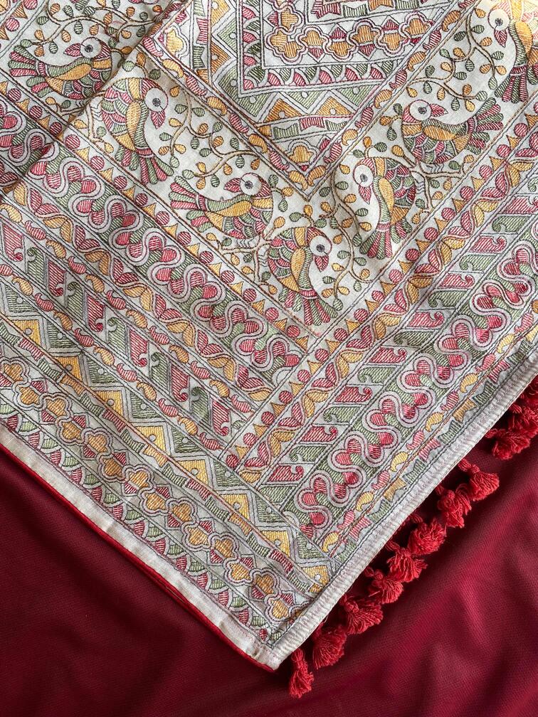 Premium Tussar Silk Saree With Traditional Madhubani Embroidered Pallu