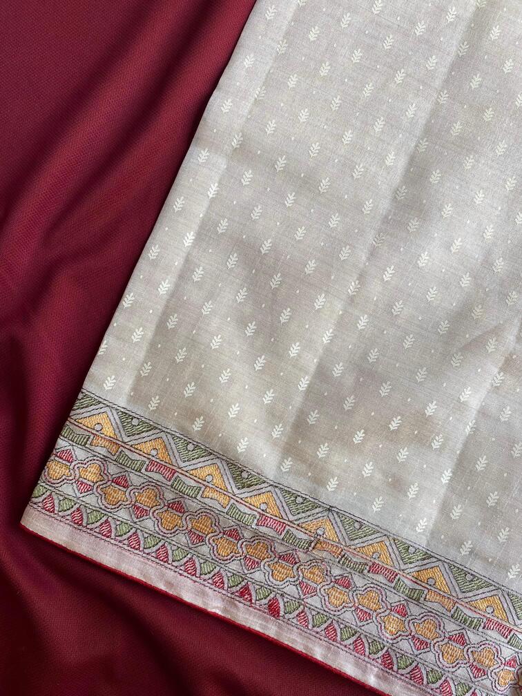 Premium Tussar Silk Saree With Traditional Madhubani Embroidered Pallu
