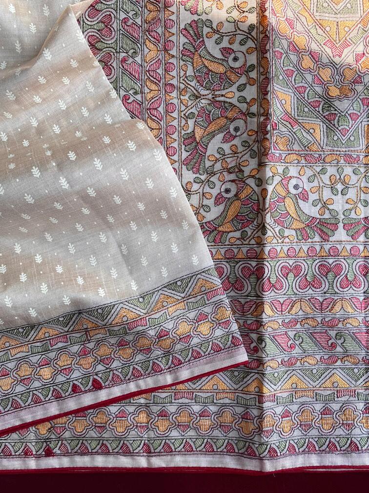 Premium Tussar Silk Saree With Traditional Madhubani Embroidered Pallu