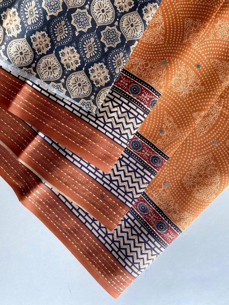 Premium Blend Silk Saree With  Bandhani Print And Kantha Work