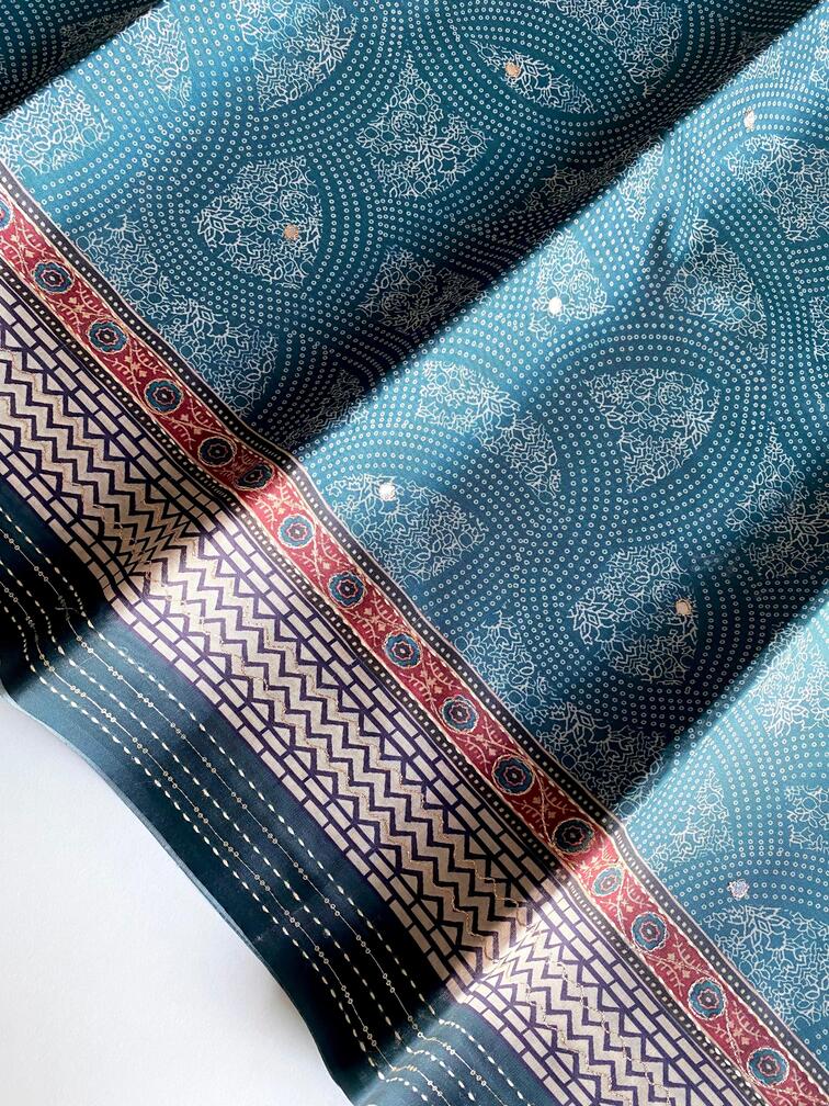 Premium Blend Silk Saree With  Bandhani Print And Kantha Work