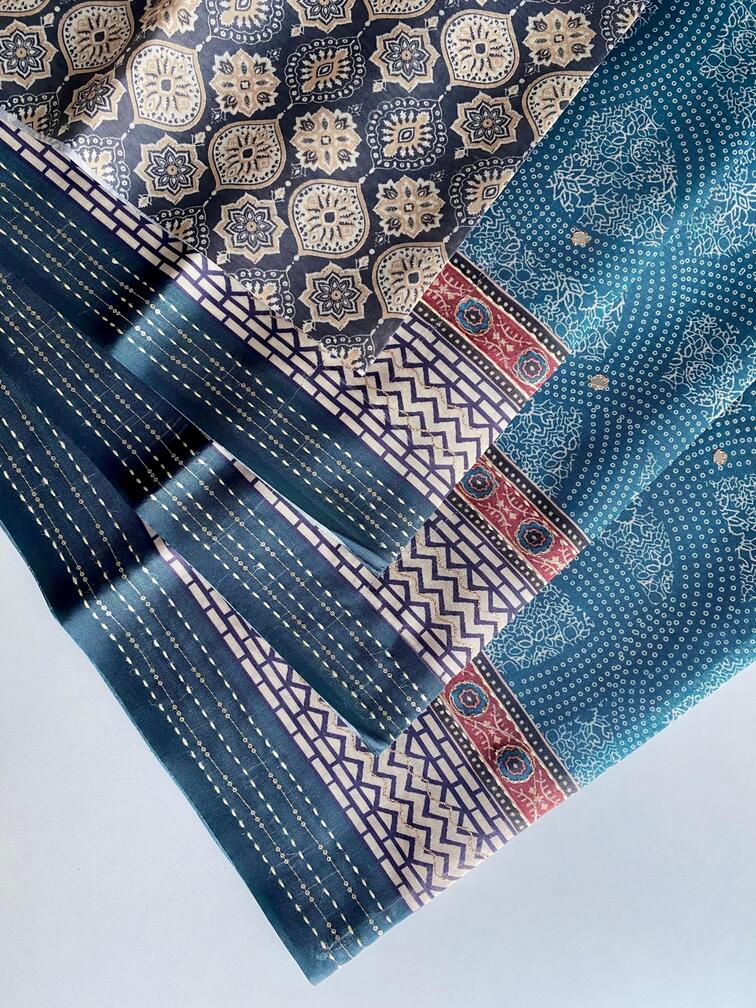 Premium Blend Silk Saree With  Bandhani Print And Kantha Work