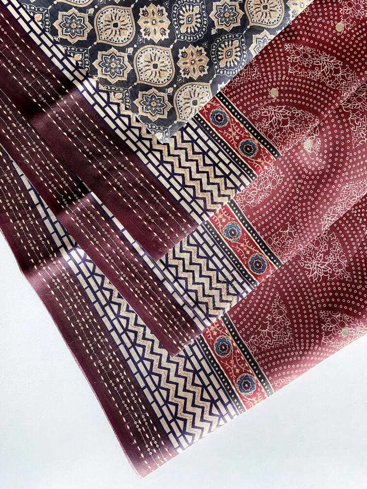 Premium Blend Silk Saree With  Bandhani Print And Kantha Work