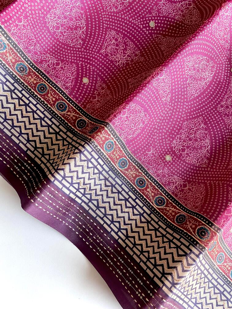 Premium Blend Silk Saree With  Bandhani Print And Kantha Work