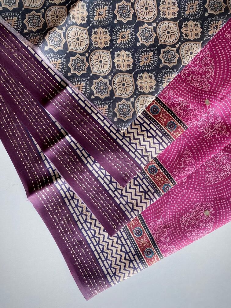 Premium Blend Silk Saree With  Bandhani Print And Kantha Work