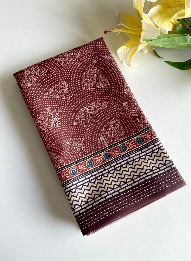 Premium Blend Silk Saree With  Bandhani Print And Kantha Work