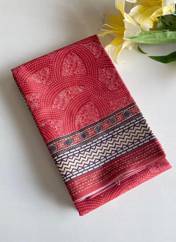 Premium Blend Silk Saree With  Bandhani Print And Kantha Work