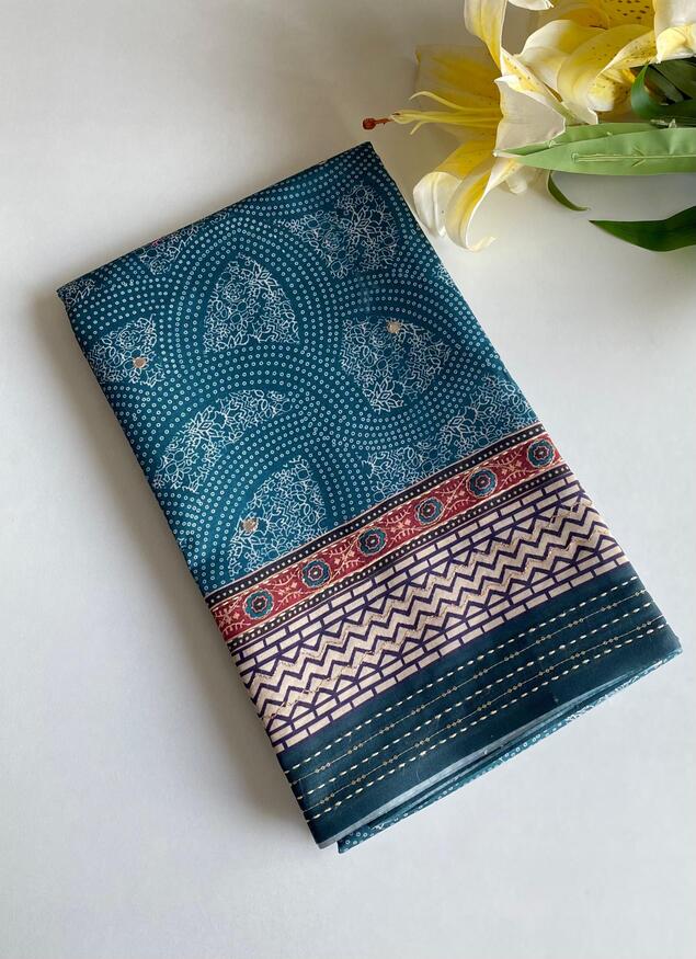 Premium Blend Silk Saree With  Bandhani Print And Kantha Work