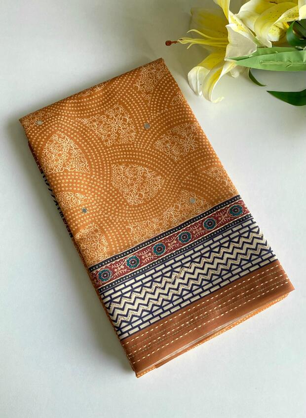 Premium Blend Silk Saree With  Bandhani Print And Kantha Work