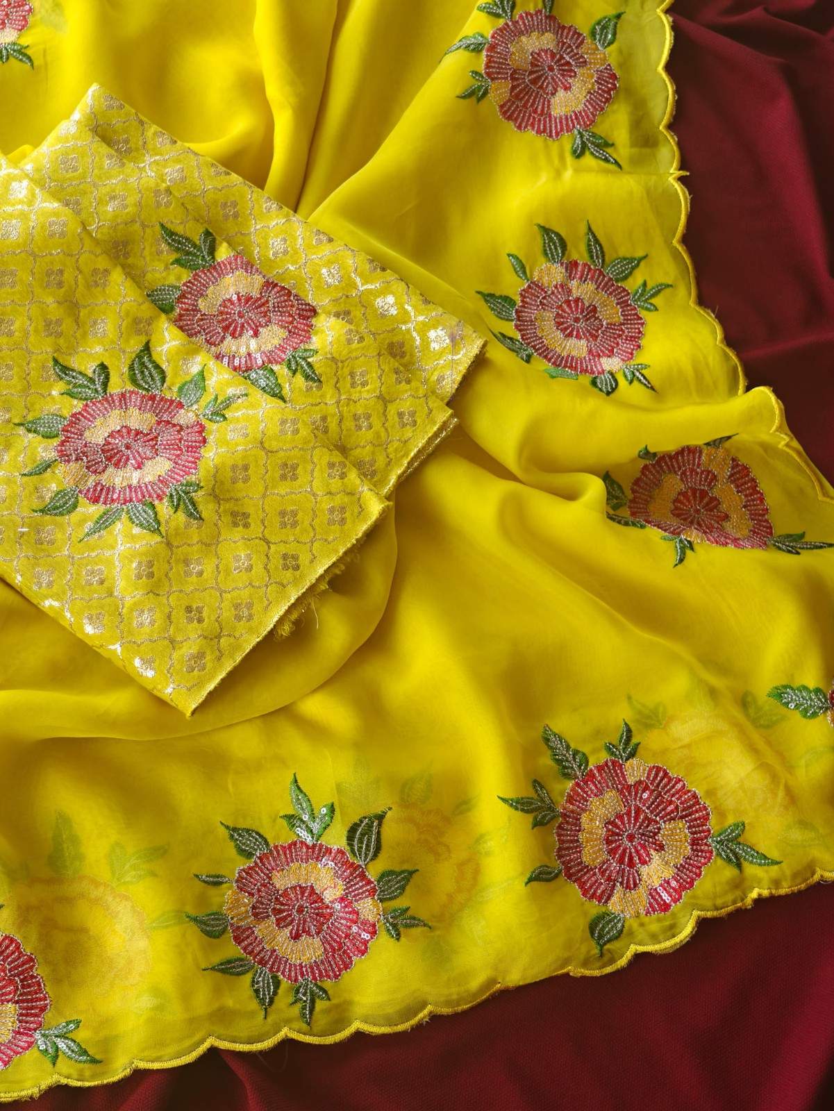 Pure Organza Silk Saree With Floral Embroidery Work