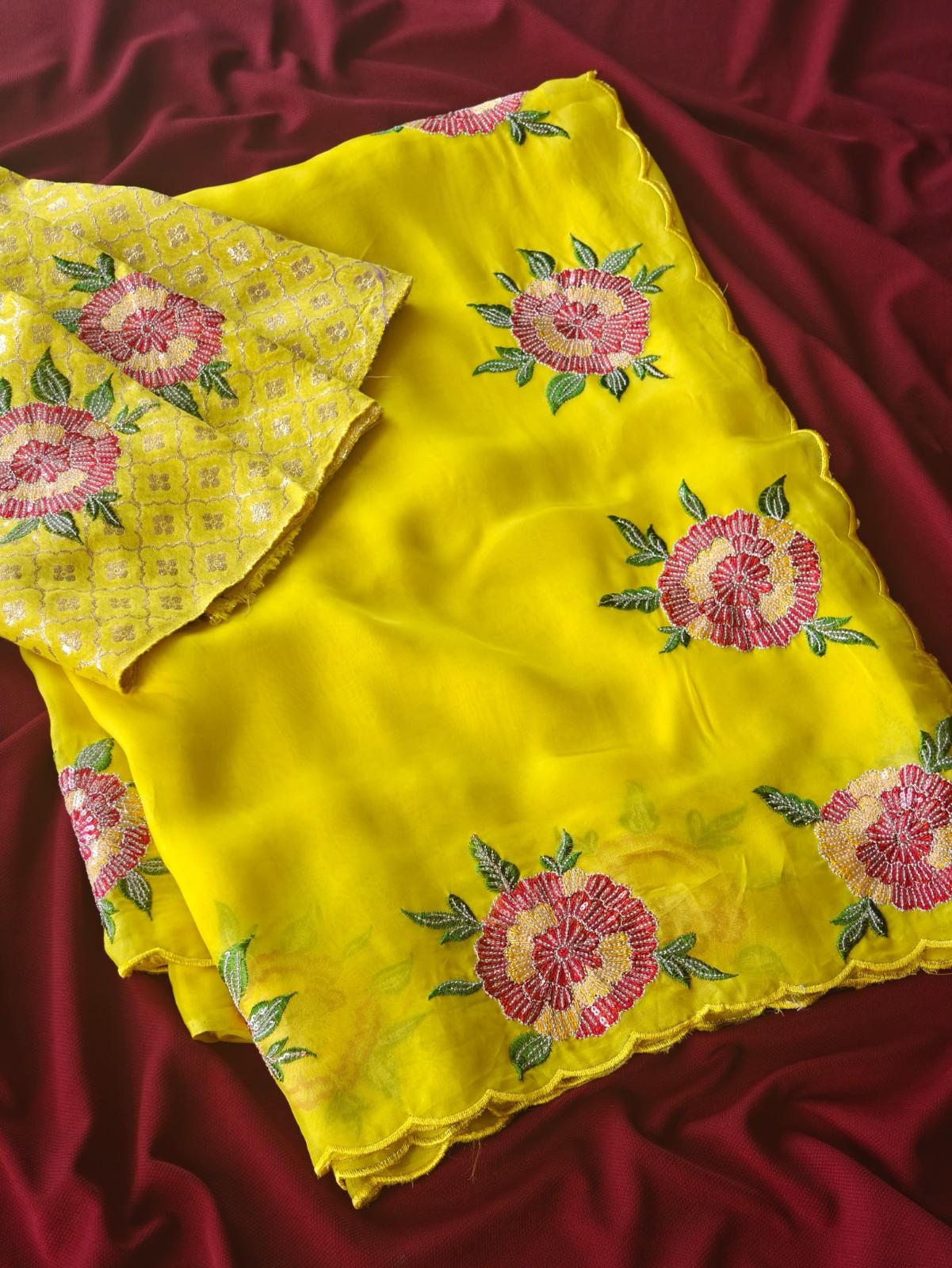Pure Organza Silk Saree With Floral Embroidery Work