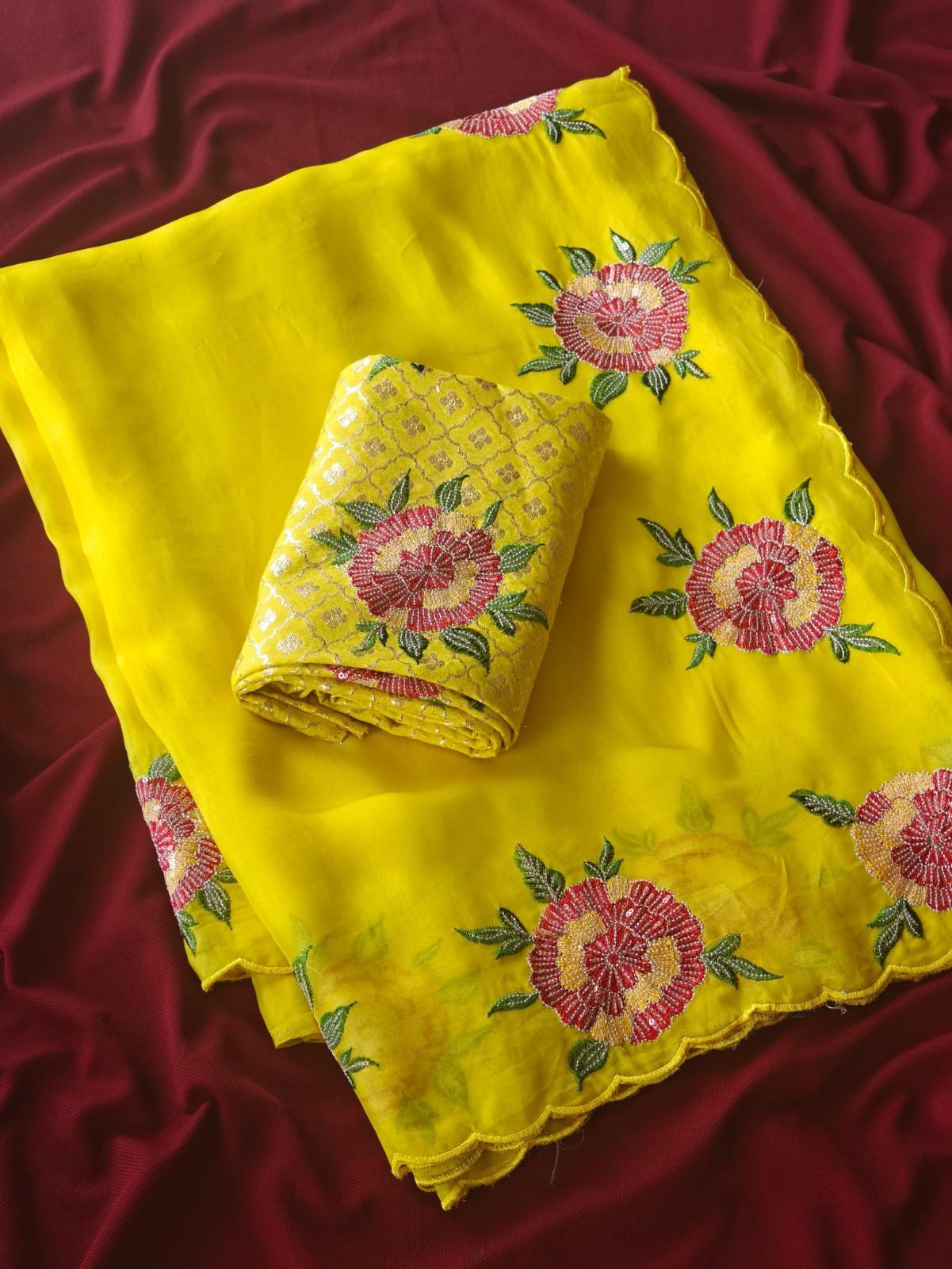 Pure Organza Silk Saree With Floral Embroidery Work