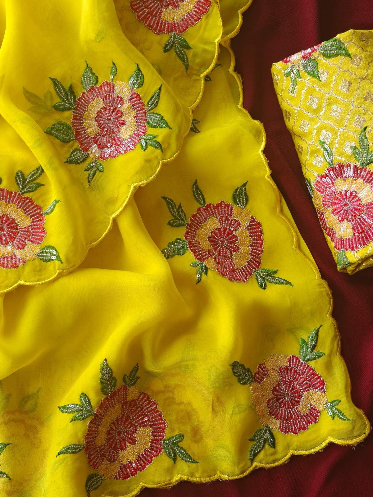 Pure Organza Silk Saree With Floral Embroidery Work