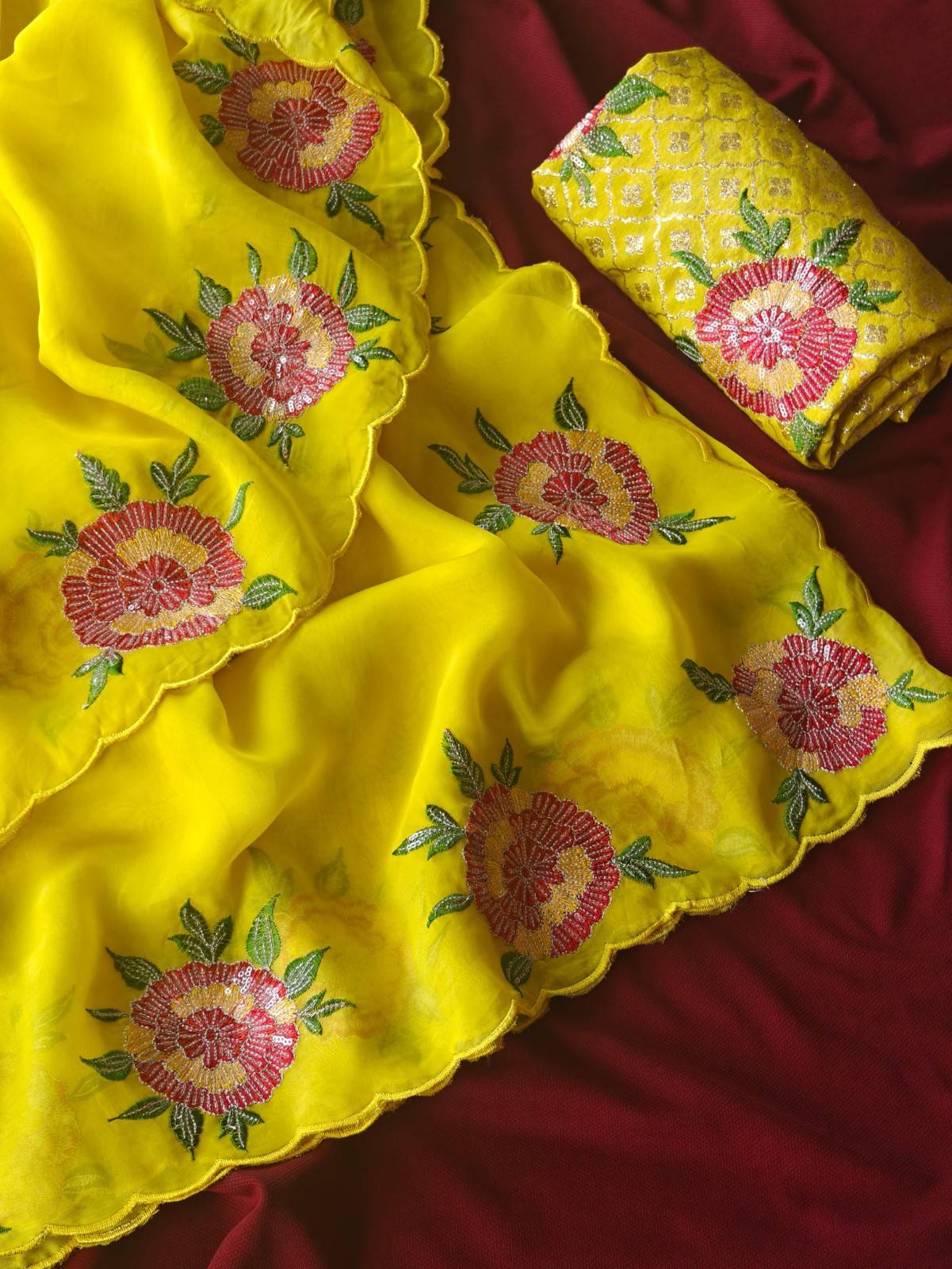 Pure Organza Silk Saree With Floral Embroidery Work