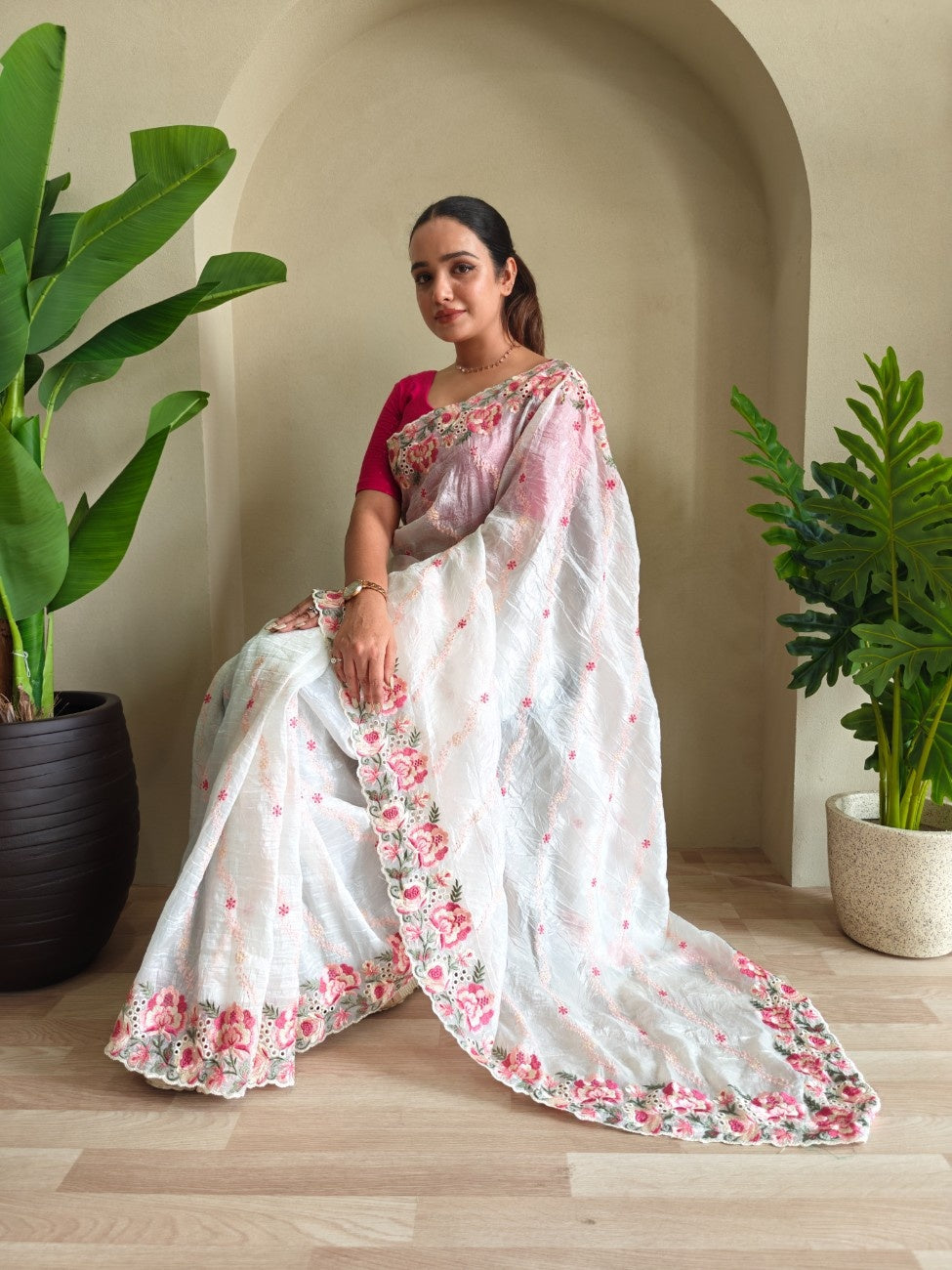 Premium Crush Silk Saree With Leheriya-inspired Embroidery