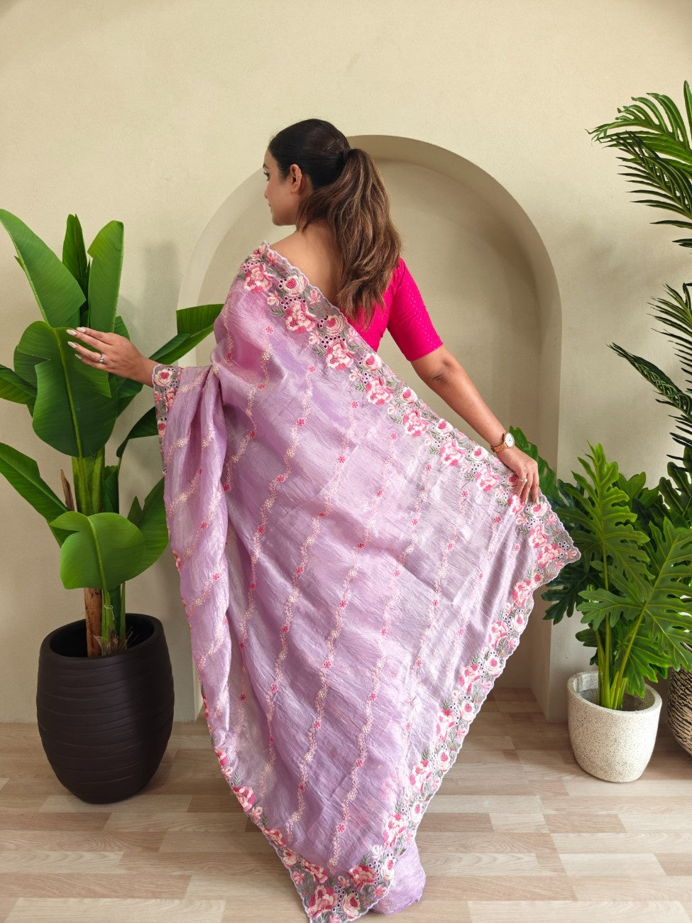 Premium Crush Silk Saree With Leheriya-inspired Embroidery