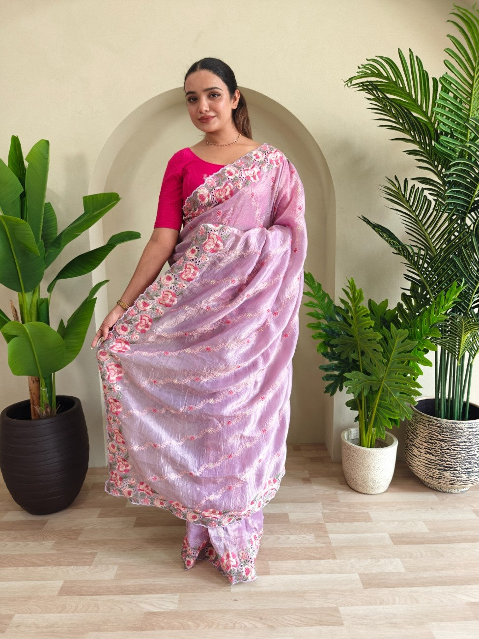 Premium Crush Silk Saree With Leheriya-inspired Embroidery