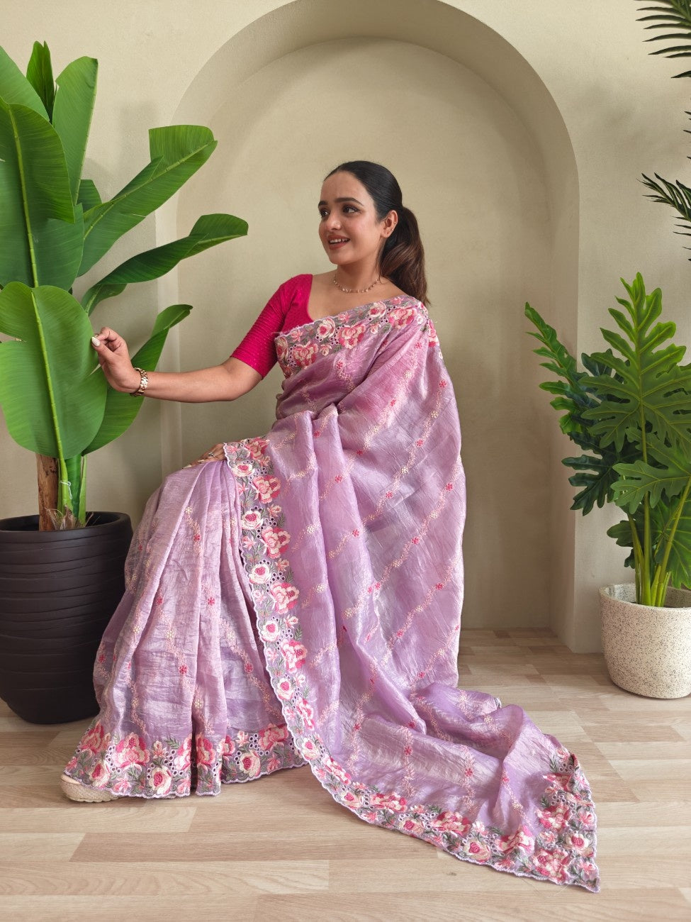 Premium Crush Silk Saree With Leheriya-inspired Embroidery