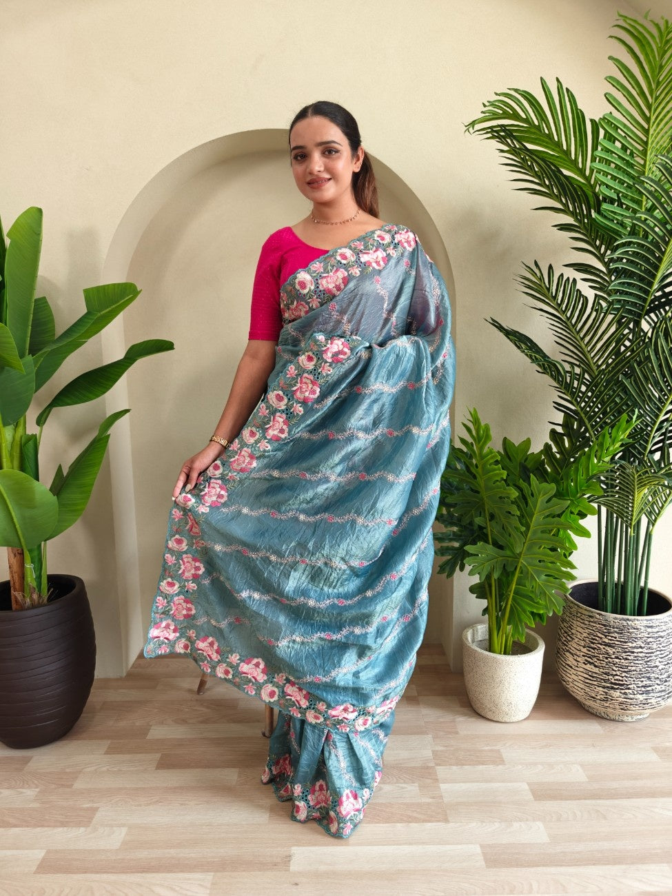 Premium Crush Silk Saree With Leheriya-inspired Embroidery