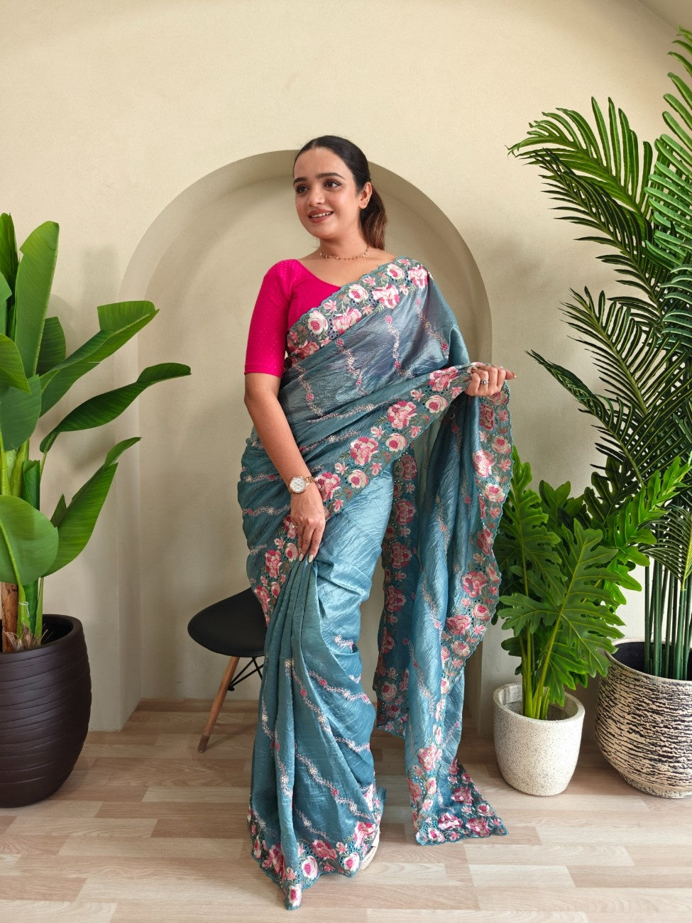 Premium Crush Silk Saree With Leheriya-inspired Embroidery