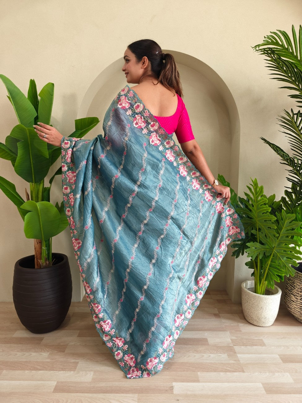 Premium Crush Silk Saree With Leheriya-inspired Embroidery