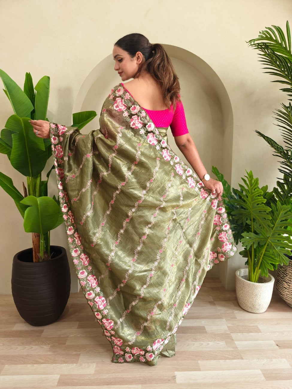 Premium Crush Silk Saree With Leheriya-inspired Embroidery