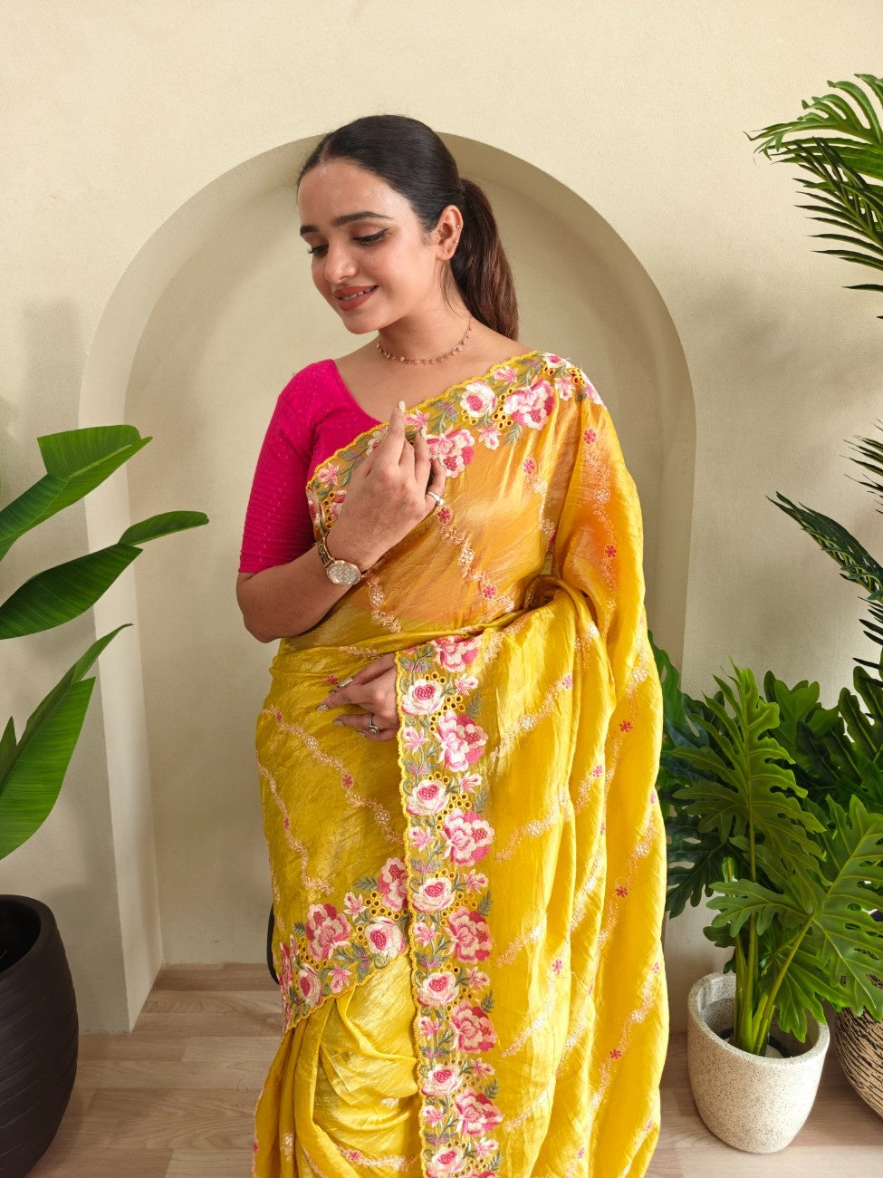 Premium Crush Silk Saree With Leheriya-inspired Embroidery