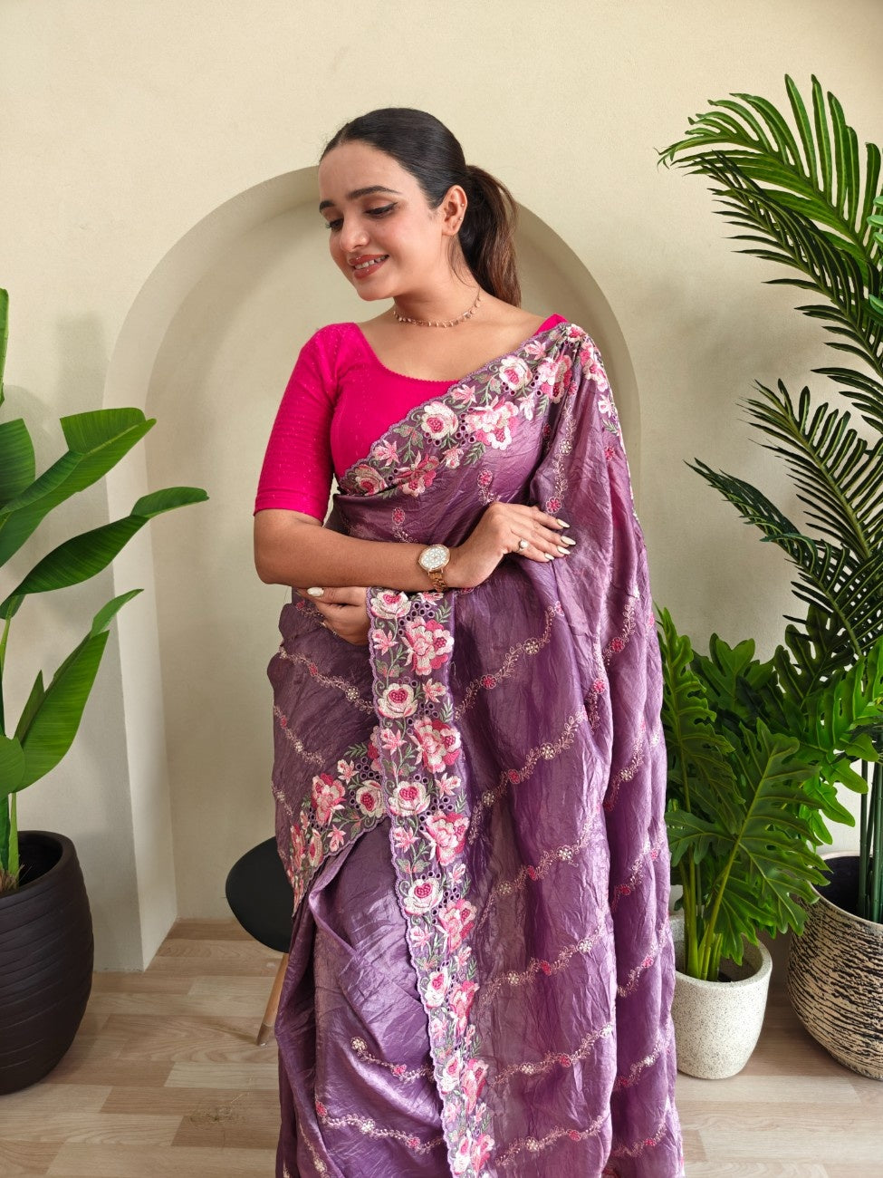 Premium Crush Silk Saree With Leheriya-inspired Embroidery