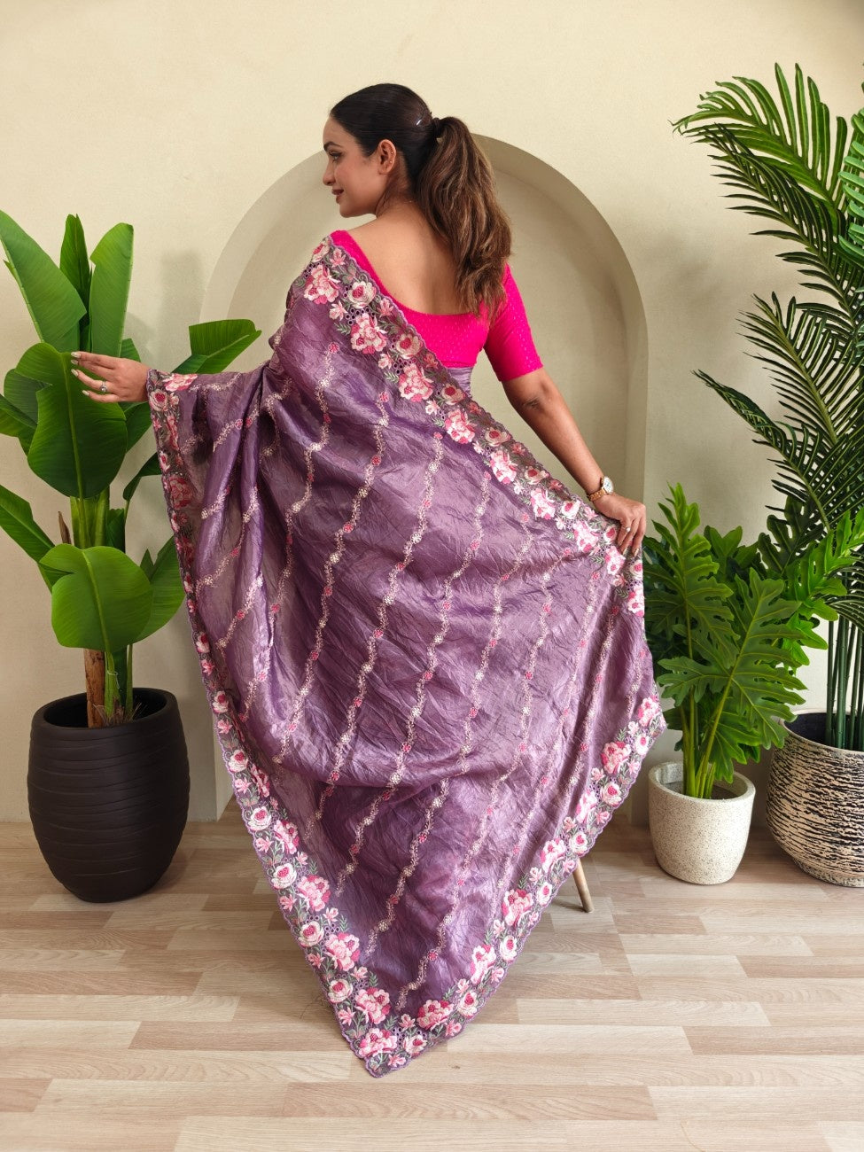 Premium Crush Silk Saree With Leheriya-inspired Embroidery