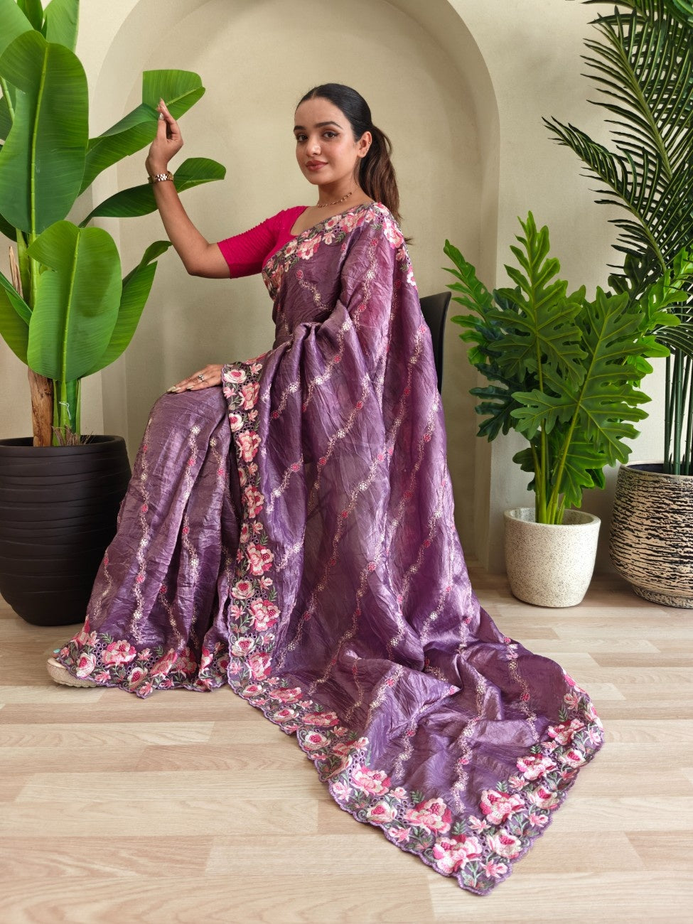 Premium Crush Silk Saree With Leheriya-inspired Embroidery