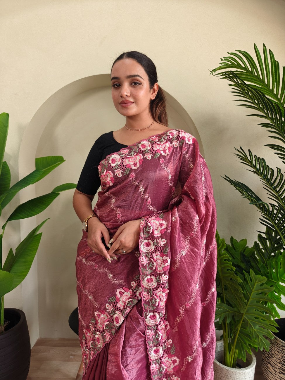 Premium Crush Silk Saree With Leheriya-inspired Embroidery
