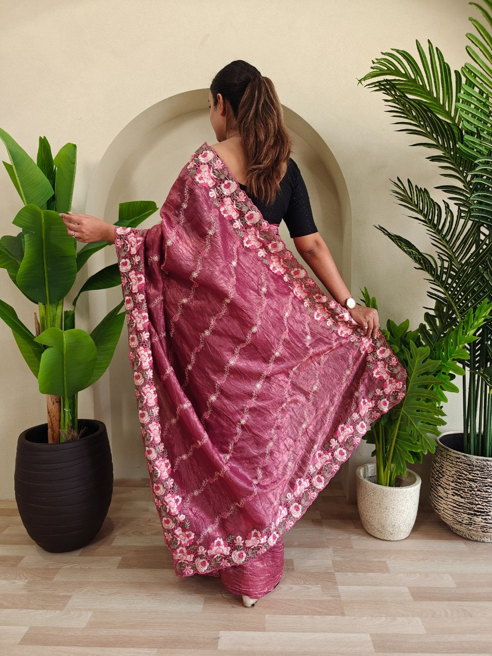 Premium Crush Silk Saree With Leheriya-inspired Embroidery