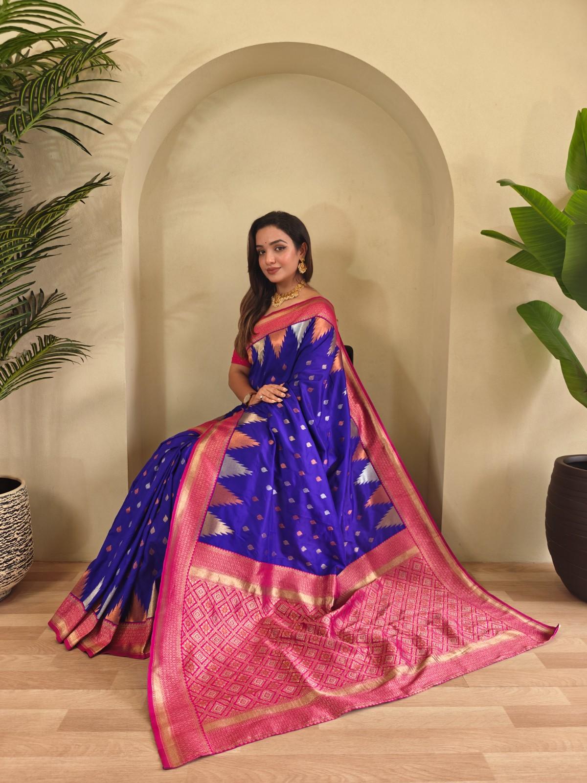 Kanchipuram Silk Saree With  Copper And Silver Zari Work Paired With a Beautifully Detailed Rich Pallu