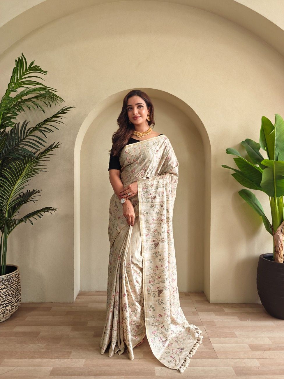 Pure Loom Tussar Saree with  floral and bird designer embroidery