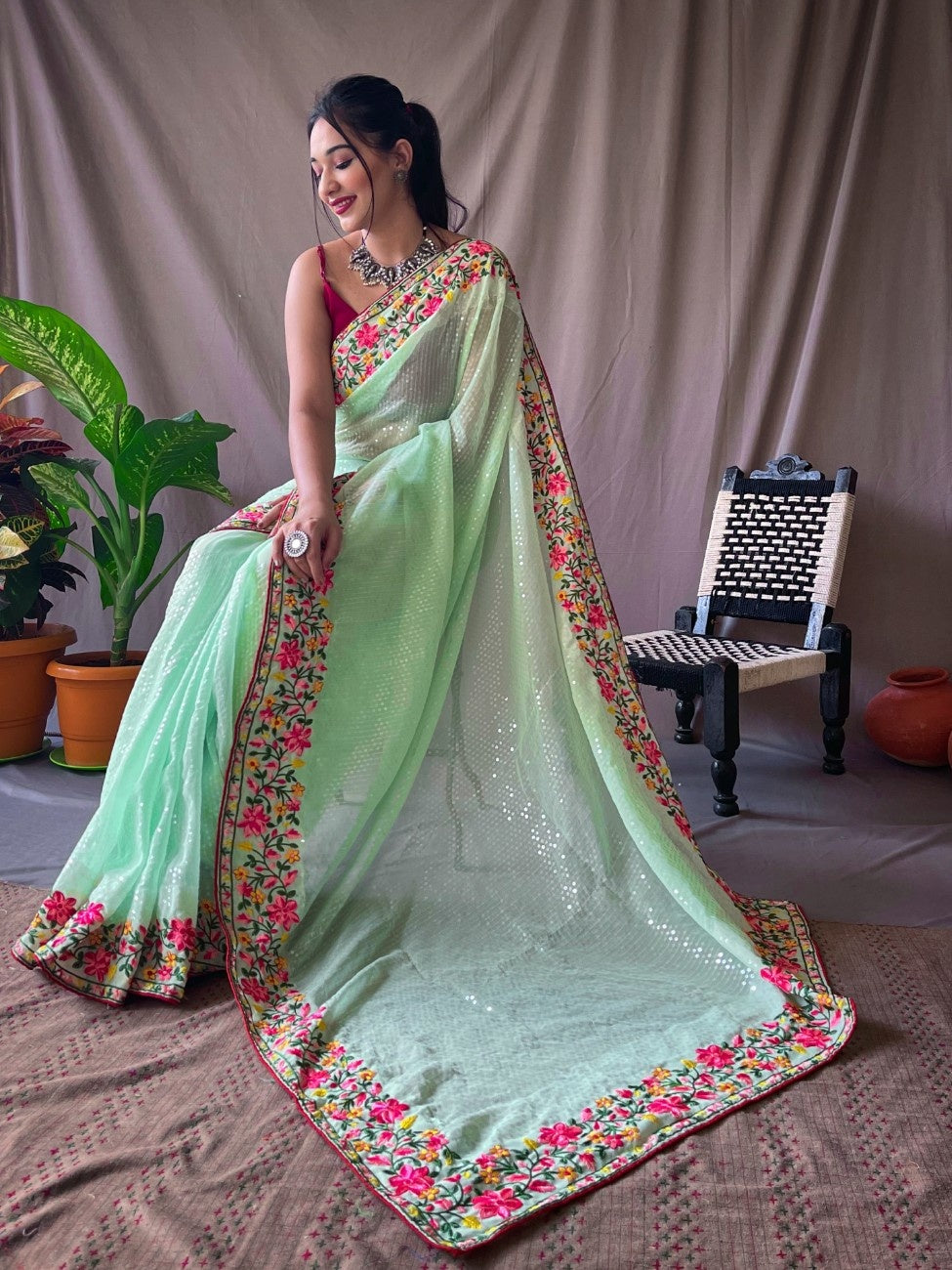 Ready-to-Wear Pure Georgette Saree with Sequins & Embroidery