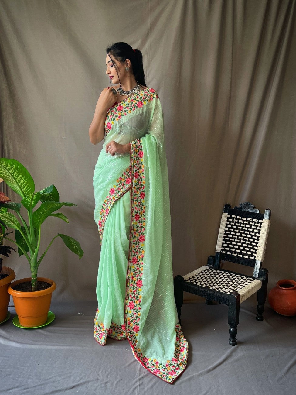 Ready-to-Wear Pure Georgette Saree with Sequins & Embroidery