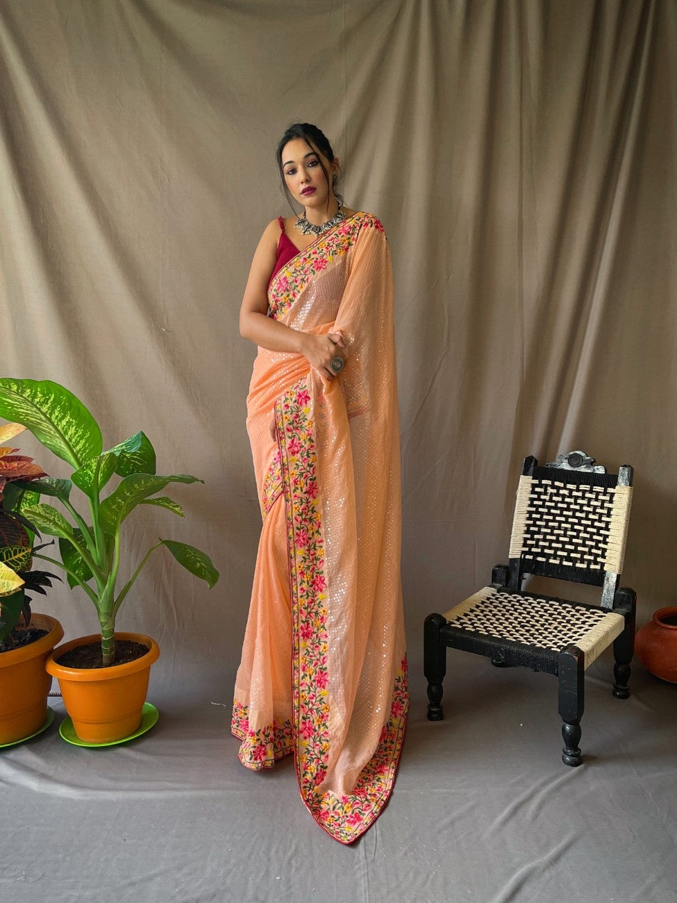 Ready-to-Wear Pure Georgette Saree with Sequins & Embroidery