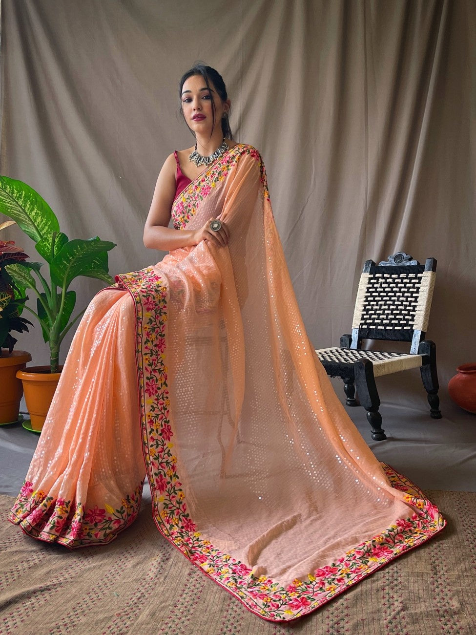 Ready-to-Wear Pure Georgette Saree with Sequins & Embroidery