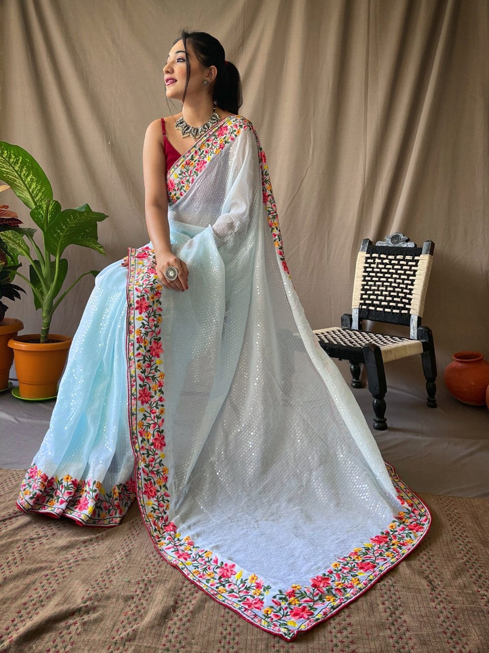 Ready-to-Wear Pure Georgette Saree with Sequins & Embroidery