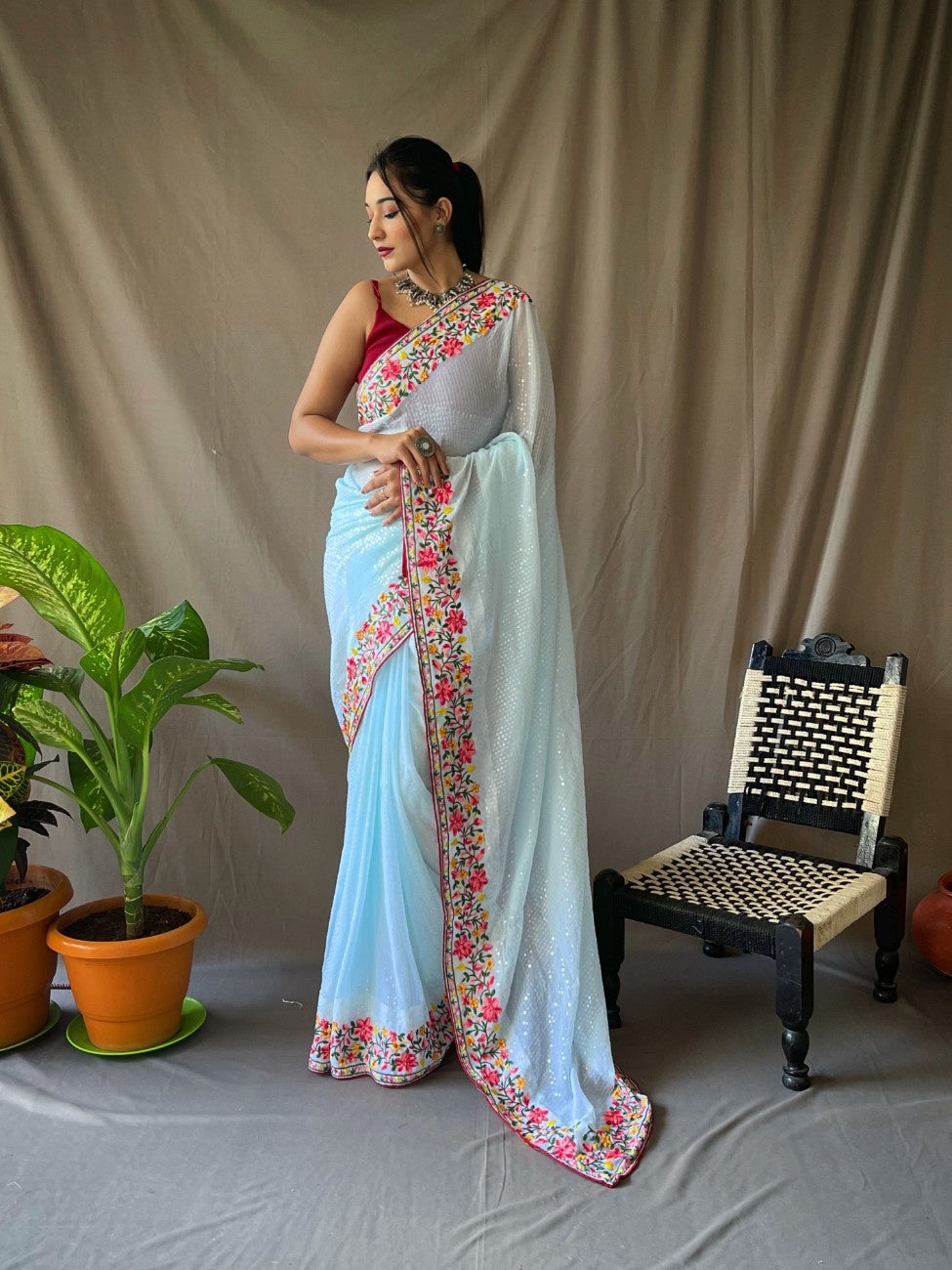 Ready-to-Wear Pure Georgette Saree with Sequins & Embroidery