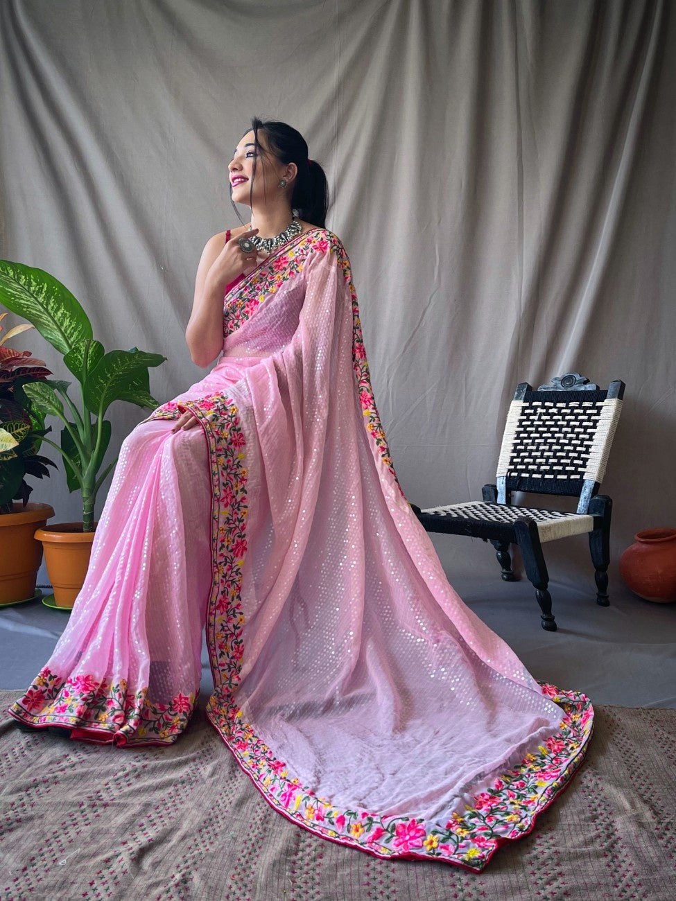 Ready-to-Wear Pure Georgette Saree with Sequins & Embroidery