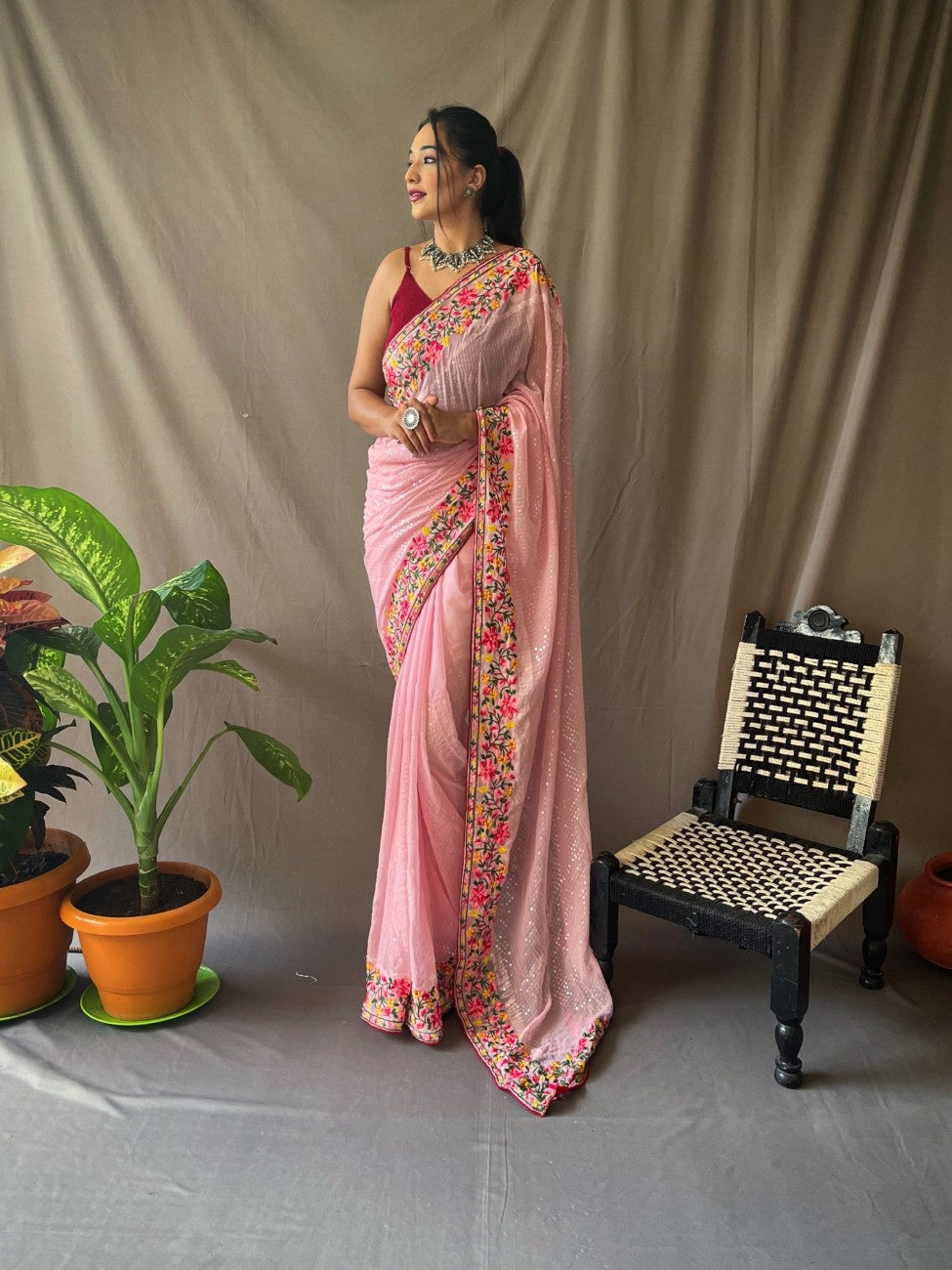 Ready-to-Wear Pure Georgette Saree with Sequins & Embroidery